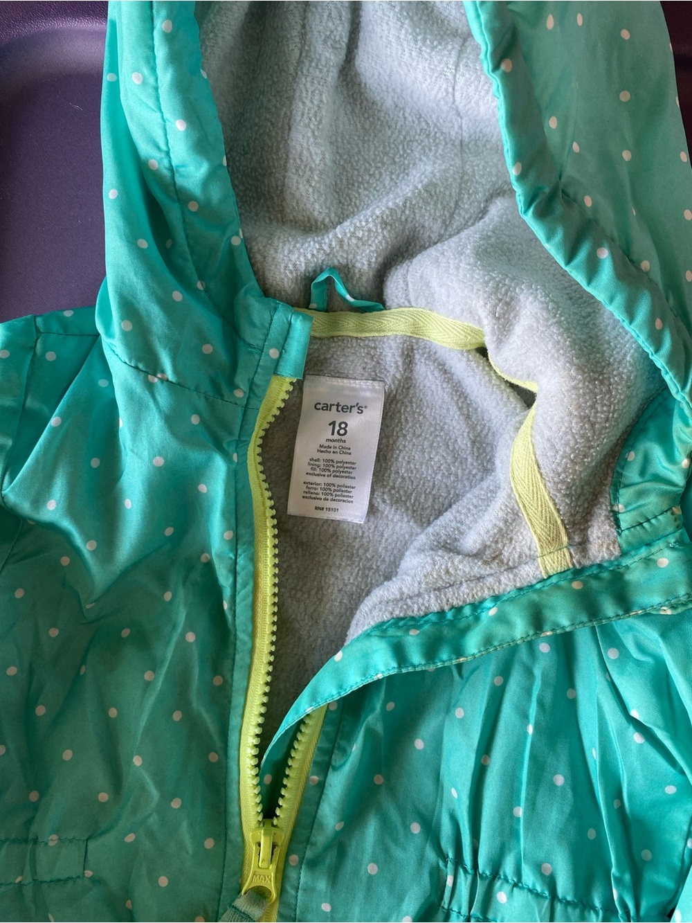 Carter's Aqua Polka Dot Hooded Jacket with Yellow Zipper